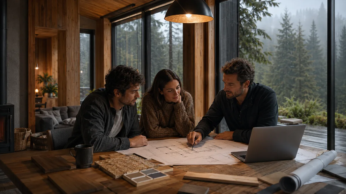 Asesor técnico revisando planos y muestras con una pareja