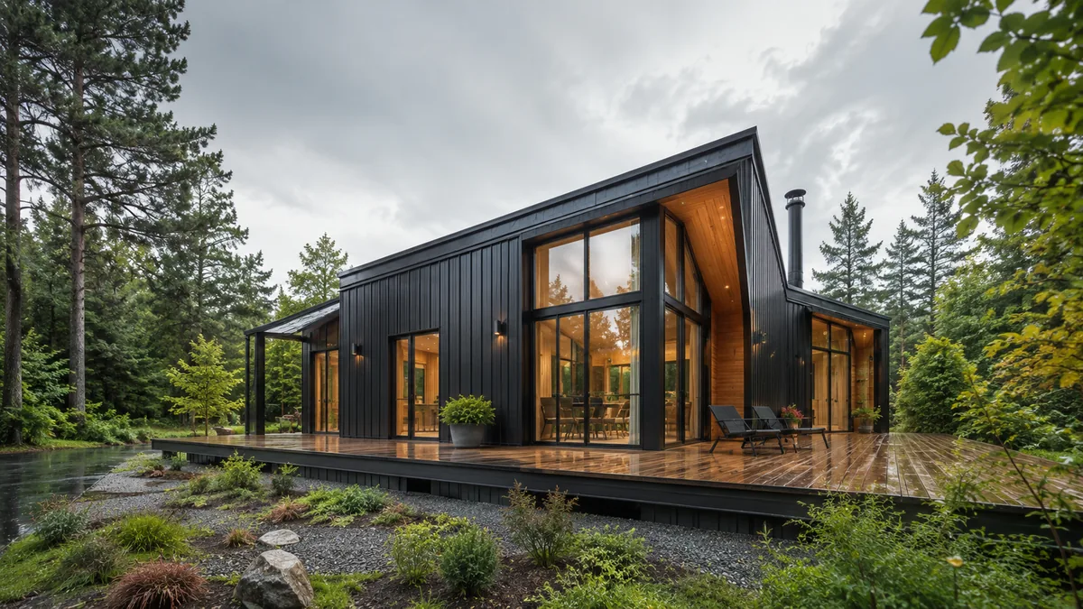 Casa contemporánea negra y madera en un entorno de bosque húmedo