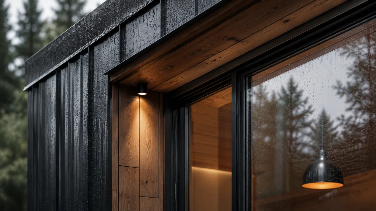 Detalle de fachada metálica negra, madera y termopanel bajo la lluvia