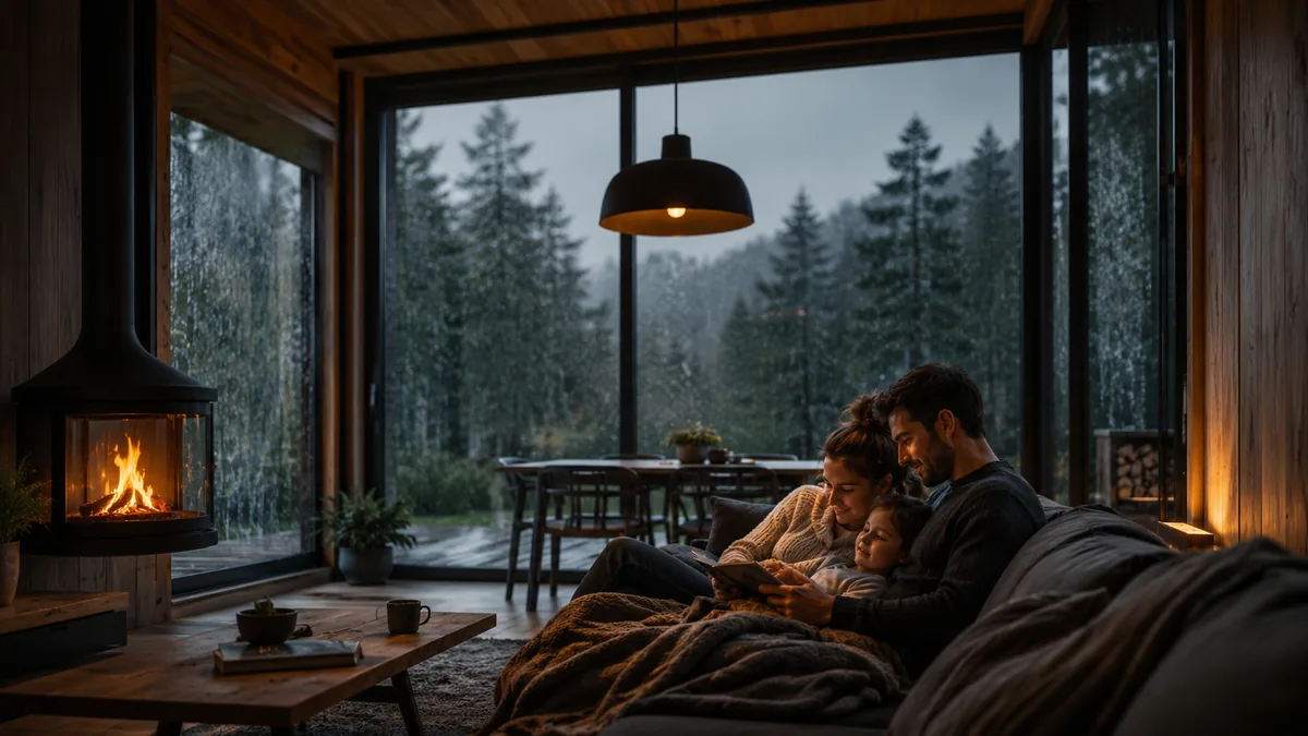 Familia compartiendo junto al fuego en un interior cálido durante la lluvia