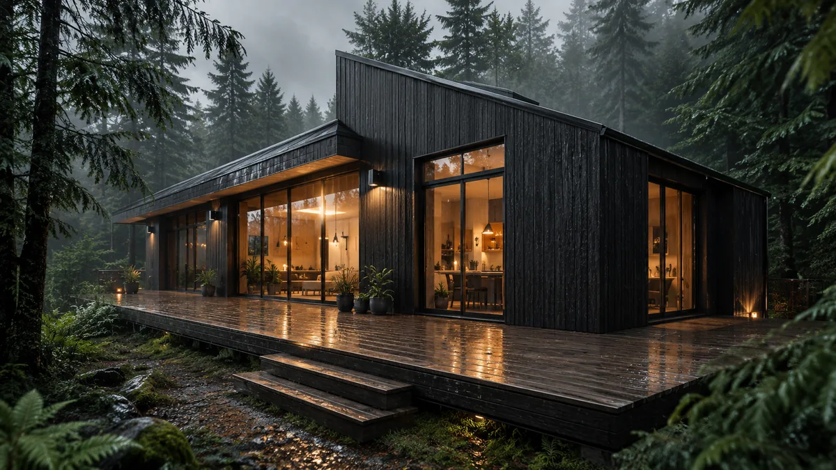 Vivienda contemporánea de revestimiento oscuro y ventanales cálidos en un bosque lluvioso del sur de Chile