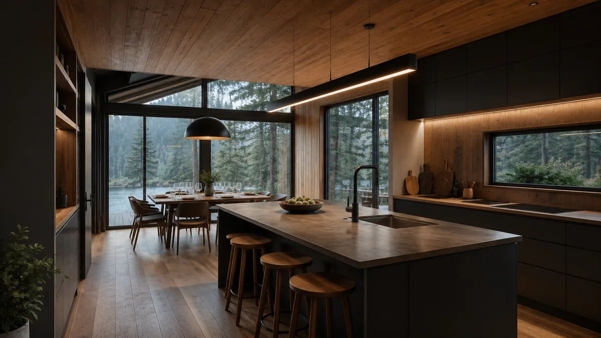 Cocina contemporánea de madera y grafito con vista al bosque