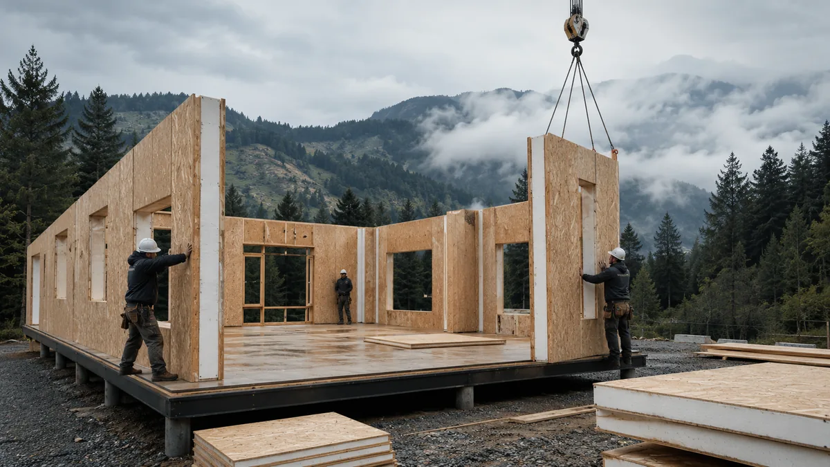 Equipo instalando paneles SIP en una obra del sur de Chile