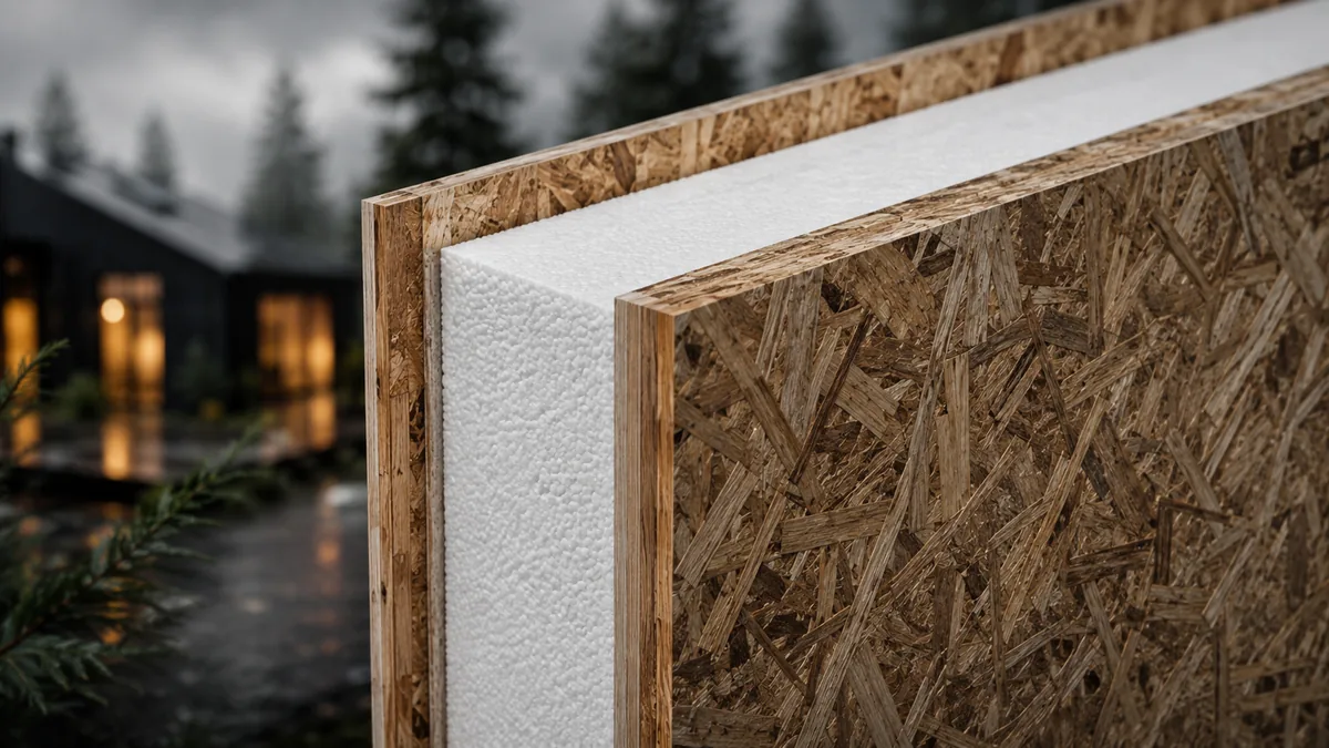 Detalle constructivo cercano de un panel SIP con dos placas OSB y núcleo aislante