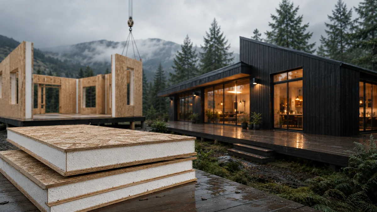 Paneles SIP en obra junto a una vivienda contemporánea terminada